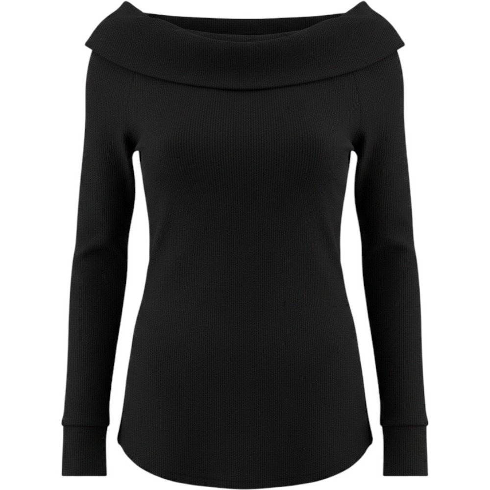 Belle Du Jour Black Off Shoulder Cowl Neck Ribbed Long Sleeve Top Large NWT